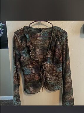 wild fable Sheer Tie-Front Blouse in Teal and Brown